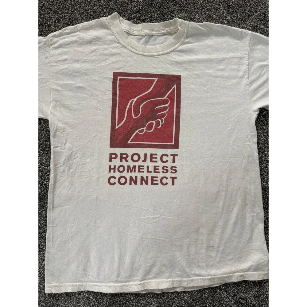 Vintage Project Homeless Connect Graphic T-Shirt White Maroon Mens Large L - Picture 1 of 5